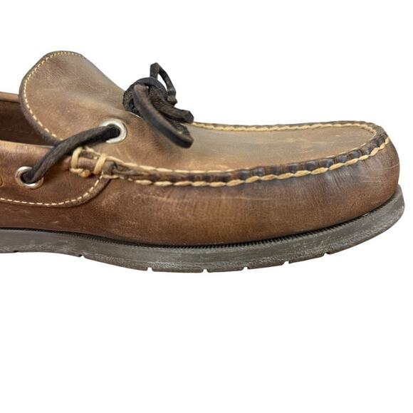 LL Bean Mens Brown Leather Slip On Boat Shoes Loafers Preppy Casual sz 8 EE Wide - Picture 2 of 16